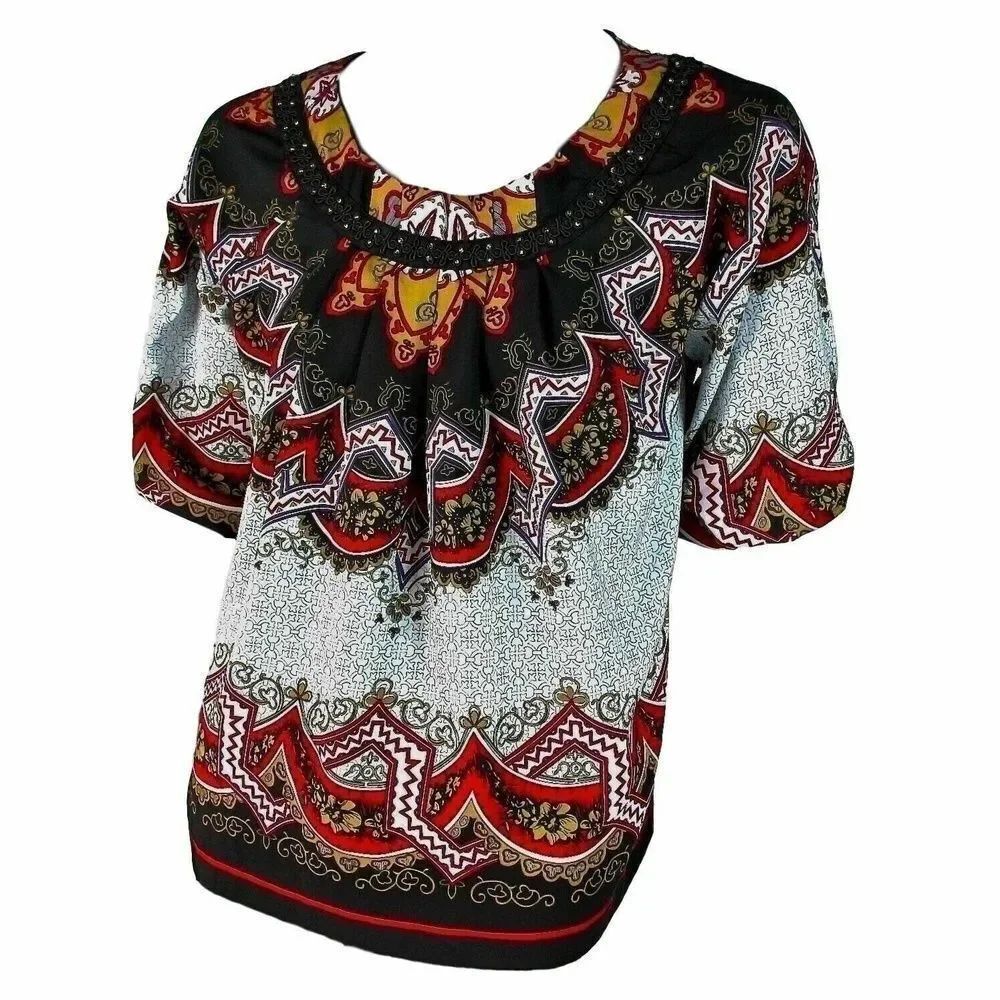 Nicole Miller Womens Top White Black Red Paisley Print Short Puff Sleeve 4